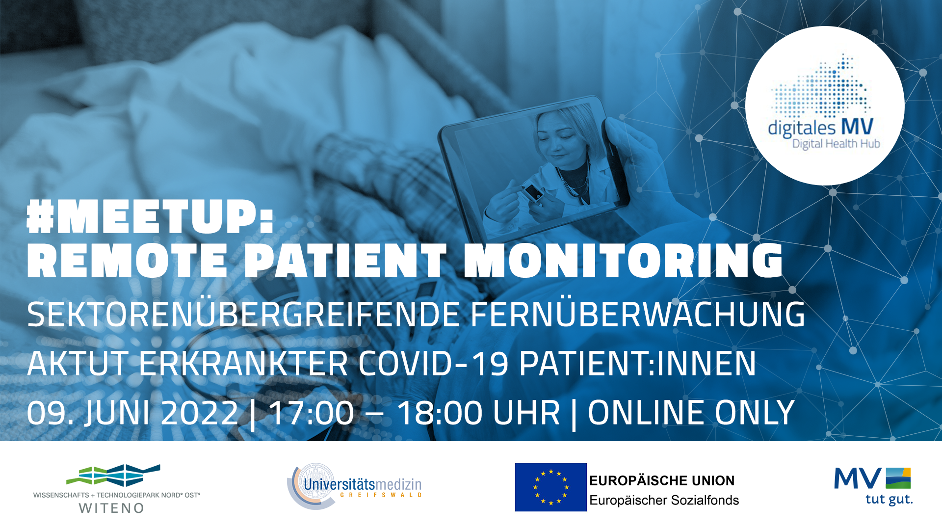 #Meetup: Remote Patient Monitoring_Eventgrafik Mensch sitzt im Bett und schaut auf ein Tablet, im Vordergrund stehen die wichtigsten Daten der Veranstaltung