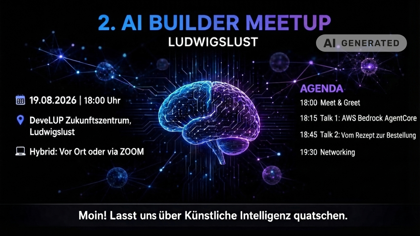 Veranstaltungsgrafik zum 2. AI Builder Meetup Ludwigslust am 19.08.2026 ab 18 Uhr im DeveLUP Zukunftszentrum, hybrid vor Ort oder via Zoom, mit Agenda und leuchtendem digitalem Gehirn vor Netzwerkstruktur