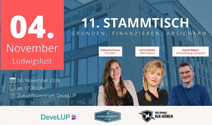 Einladungsgrafik zum 11. Gründungsstammtisch am 04.11.2026 von 17.30 bis 21 Uhr im Zukunftszentrum DeveLUP Ludwigslust, veranstaltet mit der Gründungswerft MV