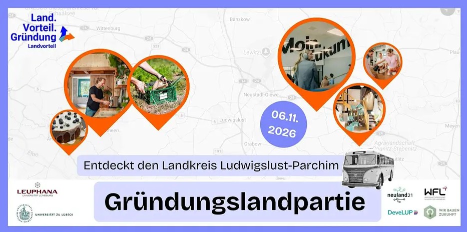Im goldenen Herbst, am Freitag, den 6. November 2026, schnappt sich das Projektteam von Land.Vorteil.Gründung 15 Gründungsinteressierte aus der Region und Umgebung und fährt mit dem Bus für einen Tag quer durch den westlichen Teil des Landkreises zu Menschen und Projekten, hinter deren Kulissen man nicht jeden Tag kommt