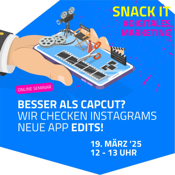 Anzeige für ein Online-Seminar. Die Illustration zeigt eine Hand, die ein Smartphone hält, auf dem sich verschiedene Film- und Schnittwerkzeuge befinden, darunter Filmrollen, eine Klappe und eine Schere.