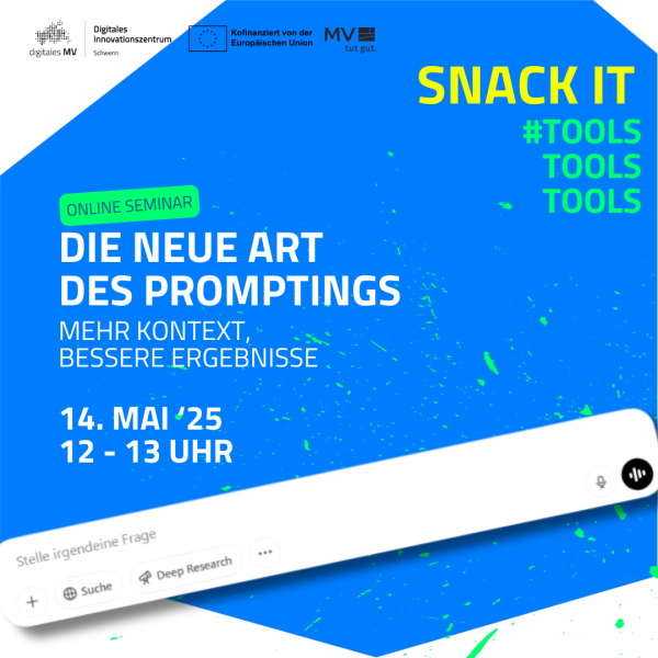 Online-Seminar zum Thema Prompting. Auf blauem Hintergrund mit grünen Farbsprenkeln ist ein stilisiertes Interface einer Eingabezeile zu sehen, wie man sie aus KI-Tools oder von Suchmaschinen kennt.