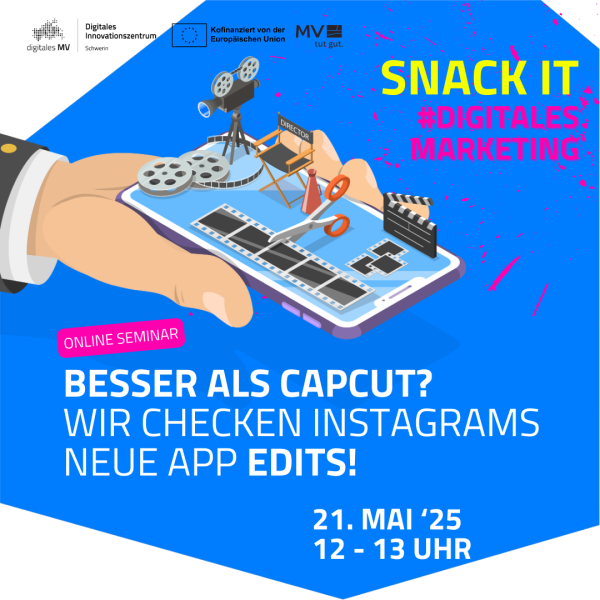 Online-Seminar zu Instagrams neuer Video-Editing-App. Eine Hand hält ein Smartphone, auf dem Film-Equipment wie Kamera, Klappe, Schere und Filmrollen abgebildet sind.
