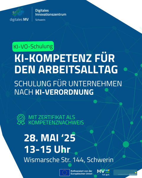 KI-VO-Schulung im Digitalen Innovationszentrum Schwerin. Der Hintergrund ist in Blau- und Grüntönen mit einem Netzwerk aus verbundenen Punkten gestaltet. In der Mitte steht der Veranstaltungstitel, darunter Informationen zur Zielgruppe (Unternehmen) und ein Hinweis auf ein Teilnahmezertifikat.