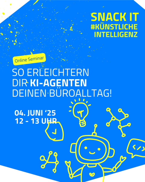 Auf blauem Hintergrund mit gelben Farbspritzern ist ein stilisierter, freundlich lächelnder Roboter mit Icons wie Glühbirne, Chatblasen und Netzwerken gezeichnet.