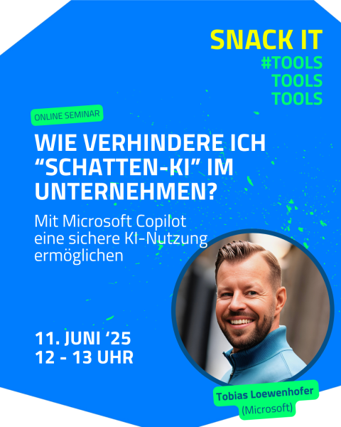 Auf blauem Hintergrund mit grünen Farbspritzern ist ein Portrait von Tobias Loewenhofer (Microsoft) in einem runden Rahmen zu sehen.