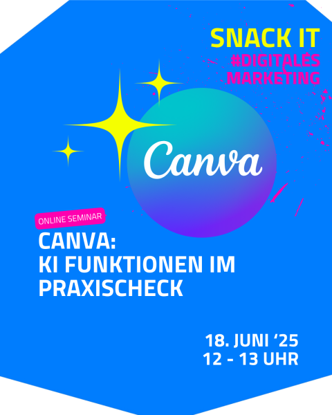 Auf blauem Hintergrund ist das bunte Canva-Logo mit drei gelben Glanz-Sternen zu sehen.