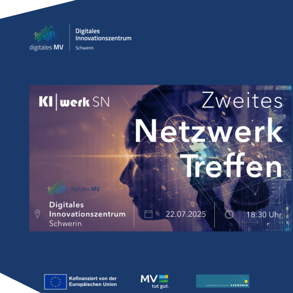 Einladungsgrafik zum zweiten Netzwerktreffen von KI werk SN im Digitalen Innovationszentrum Schwerin. Im Mittelpunkt steht das Profil eines Kopfes mit digitalem Overlay aus technischen Symbolen, Lichtlinien und Datenvisualisierungen. Der Hintergrund ist in dunklen Lila- und Blautönen gehalten.