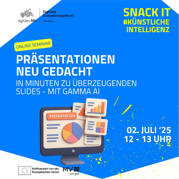 Auf blauem Hintergrund ist ein Computerbildschirm mit Diagrammen, Textfeldern und dem Label 'Presentation' zu sehen.