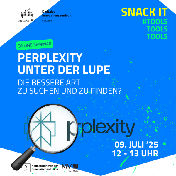 Auf blauem Hintergrund ist das Perplexity-Logo hinter einer großen Lupe zu sehen, daneben der Titel des Seminars.