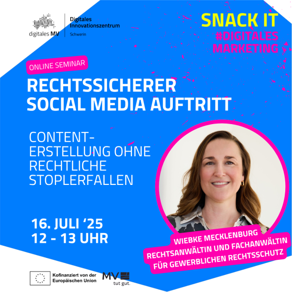 Auf blauem Hintergrund mit pinken Farbspritzern ist ein Portrait der Referentin Wiebke Mecklenburg in einem runden Rahmen zu sehen. Sie wird als Fachanwältin für gewerblichen Rechtsschutz vorgestellt.