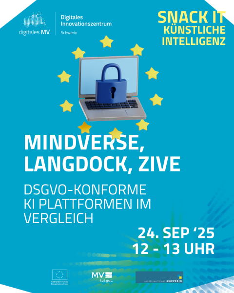 SNACK IT: DSGVO-konforme KI-Plattformen Ein Laptop mit Vorhängeschloss, umgeben von gelben EU-Sternen. Text: „Mindverse, Langdock, Zive – DSGVO-konforme KI-Plattformen im Vergleich“. Oben rechts: „SNACK IT – Künstliche Intelligenz“.