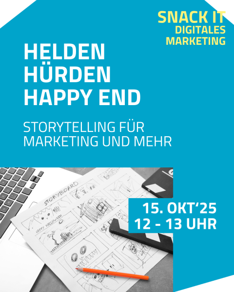 SNACK IT: Storytelling Veranstaltungsankündigung mit allen Eckdaten auf der Kachel, hellblauer Hintergrund, unten ein schwarz-weißes Foto mit einem Storyboard und einer Filmklappe auf einer Laptop-Tastatur.