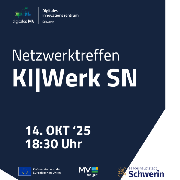 KI|Werk SN: Netzwerktreffen auf einer dunkelblauen Fläche finden sich Name und Informationen zur Veranstaltung wieder.