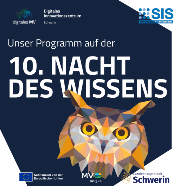 10. Nacht des Wissens Schwerin - Programm DIZ Schwerin und SIS|KSM dunkelblaue Fläche mit der Eule, dem Maskottchen der Schweriner Nacht des Wissens