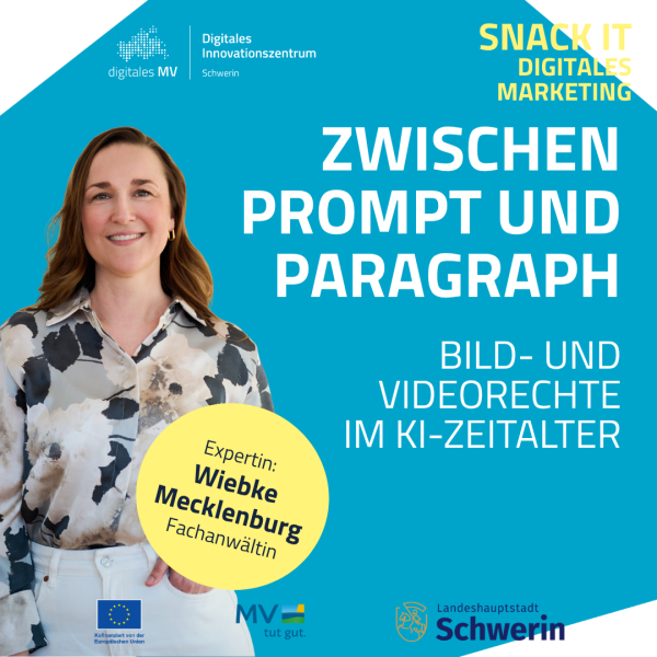 SNACK IT: Bild- und Videorechte Porträt einer lächelnden Frau mit floral gemusterter Bluse vor einem einfarbig blauen Hintergrund. Die Komposition ist klar strukturiert, mit einem gelben Kreis als hervorgehobenes Element. Oben rechts ein typografischer Akzent in Gelb und Weiß.