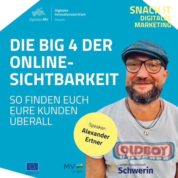 SNACK IT: Online-Sichtbarkeit Porträt eines Mannes mit Brille, Mütze und Print-Shirt vor einem blauen Hintergrund. Gelber Kreis mit hervorgehobenem Sprechername. Die Gestaltung kombiniert Realbild mit klarer grafischer Typografie.