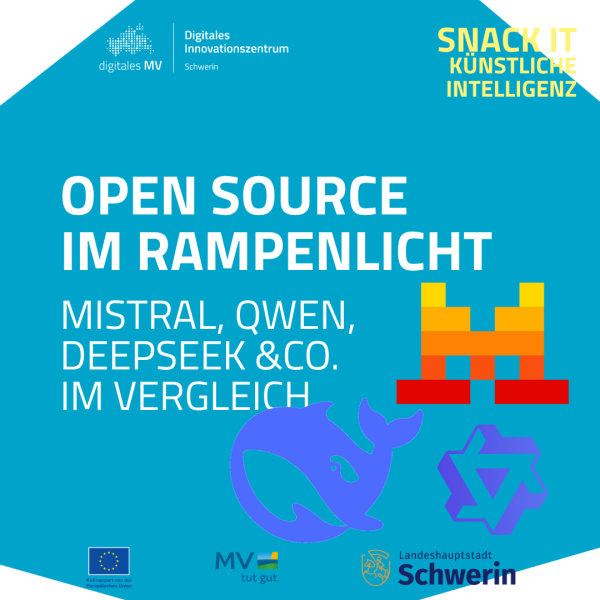 SNACK IT: Open Source LLMs Kombination aus verschiedenen Symbolen für Open-Source-Projekte: ein stilisierter Wal, ein geometrisches Sternsymbol und ein leuchtend-pixeliges M in Gelb-Orange. Auf kräftigem Blauton arrangiert, oben rechts typografischer Kontrast in Gelb-Weiß.