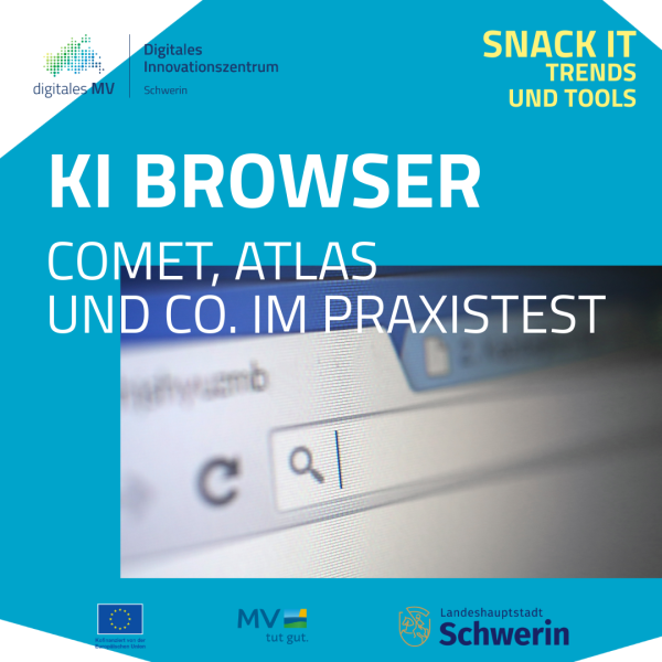 Nahaufnahme eines Computerbildschirms mit geöffneter Browser-Adresszeile und sichtbarer Lupe im Suchfeld. Der obere Bereich ist einfarbig türkis gestaltet mit geometrischen Elementen und klarer Typografie.