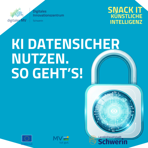 Illustration eines stilisierten Vorhängeschlosses mit digitalem Schaltkreis im Inneren. Der Hintergrund ist einfarbig blau, die Gestaltung wirkt technisch und futuristisch, mit klarer Linienführung und hohem Kontrast.